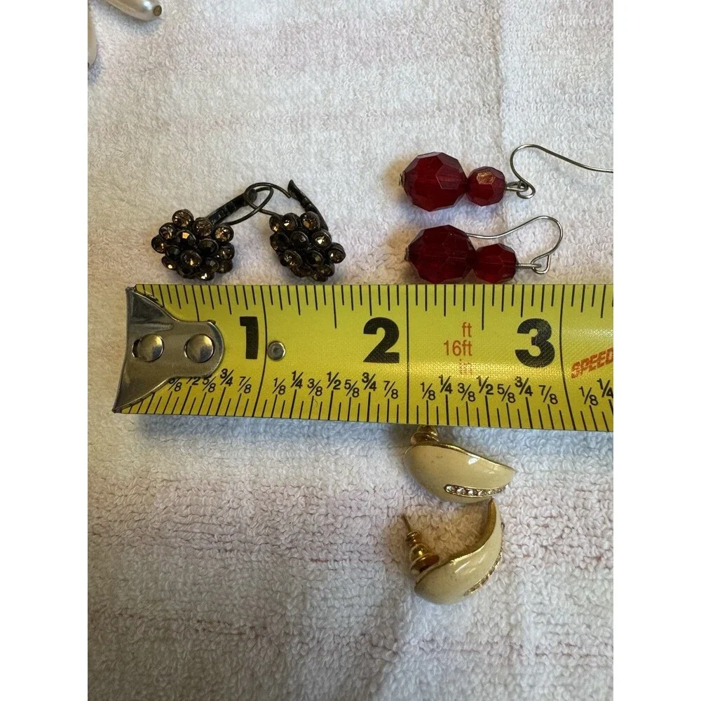 Lot of 3 Pairs‎ Vintage Earrings — Red Crystal Drop, Rhinestone Cluster Clip-On
